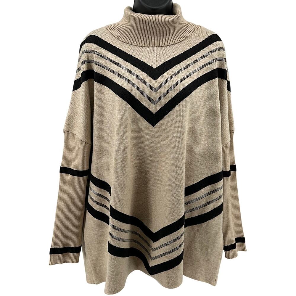 Autumn Skye Sweater M Tan Black Pullover Turtleneck Batwing Long Sleeve Oversize